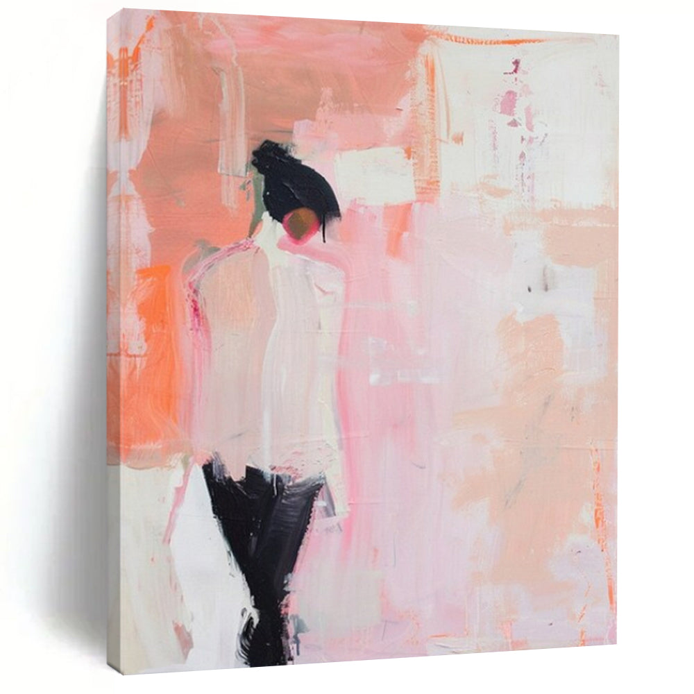 “Minimalist Figure in Pink” - Pink & Black Abstract Figure Painting On Canvas CT2205