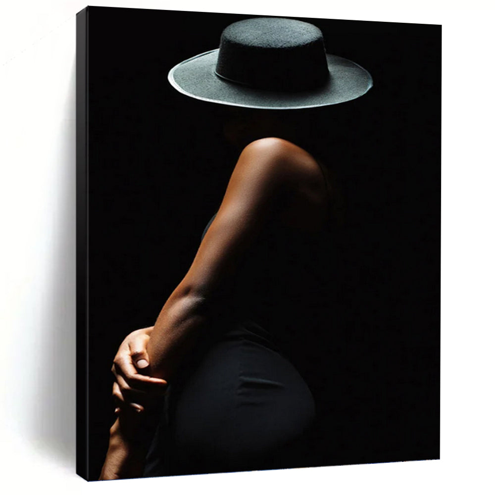 “Black Silhouette of a Woman in Hat” - Figurative Painting On Canvas DKH1606