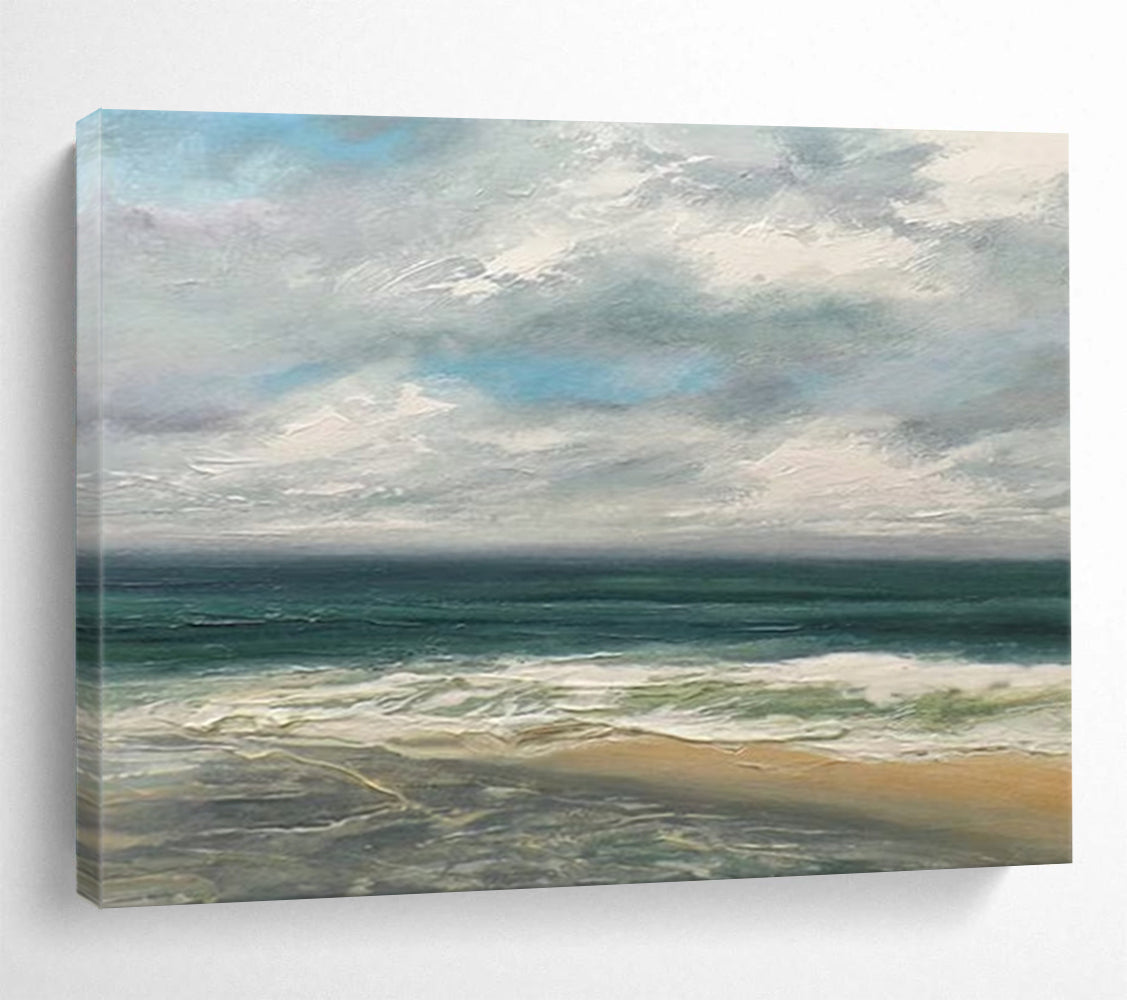 “Blue, Green, Cloudy Seaside ‘Serene Coastal Day’” - Impressionist Seascape Painting On Canvas DLZ021