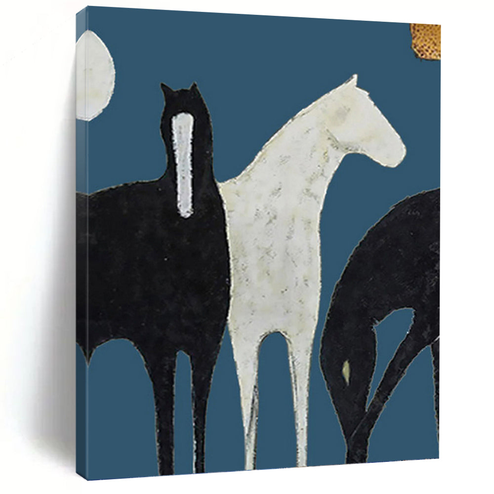 Stylized Black and White Horses on Blue - Equine Painting On Canvas DKH1440