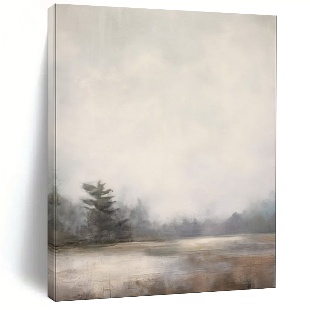 “Lonely Pine in Mist” – Impressionistic Landscape Oil Painting with Gray and Beige Hues CT2058