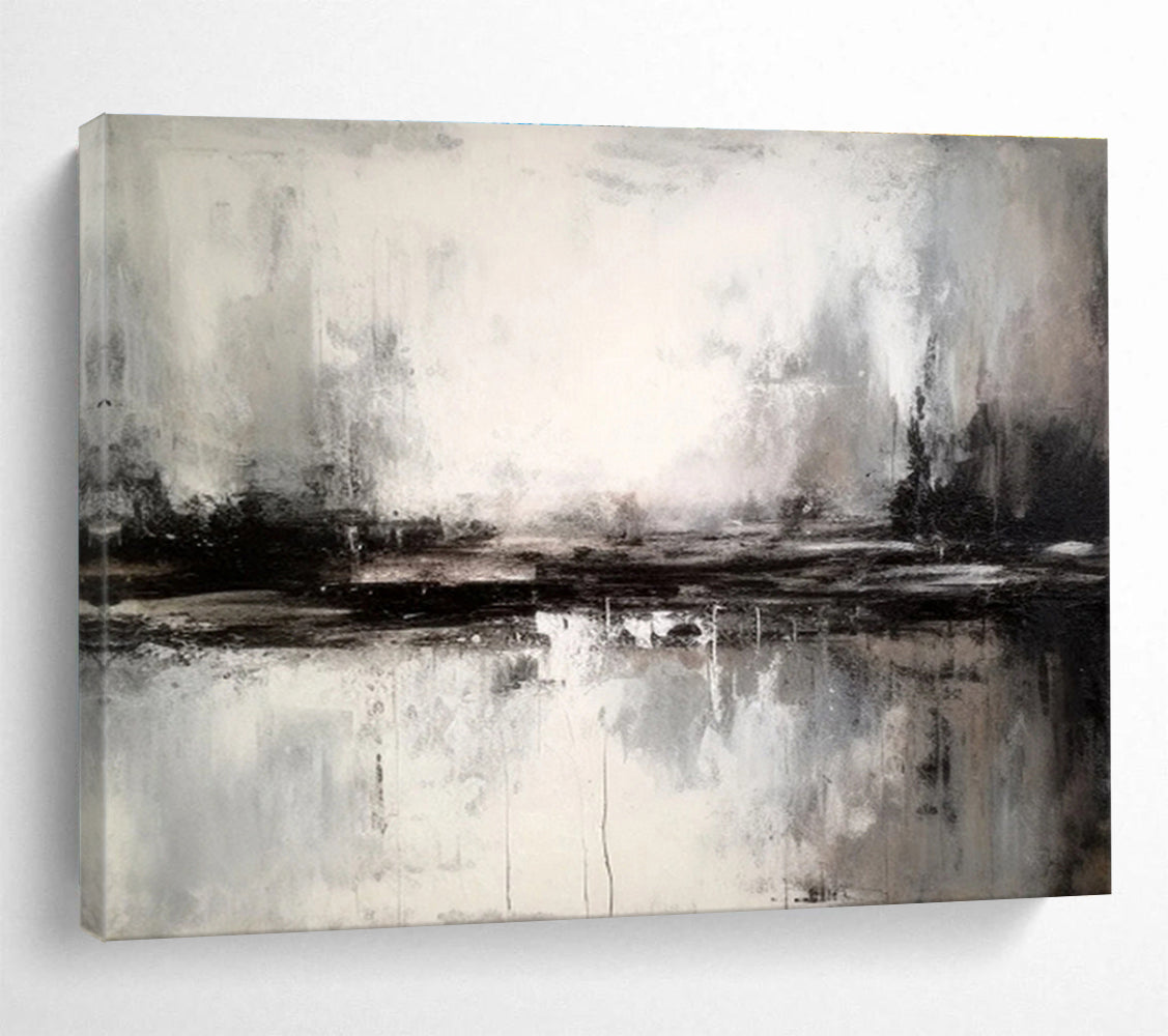 Black and White Abstract Landscape “Moody Monochrome Horizon” Painting On Canvas DKH153