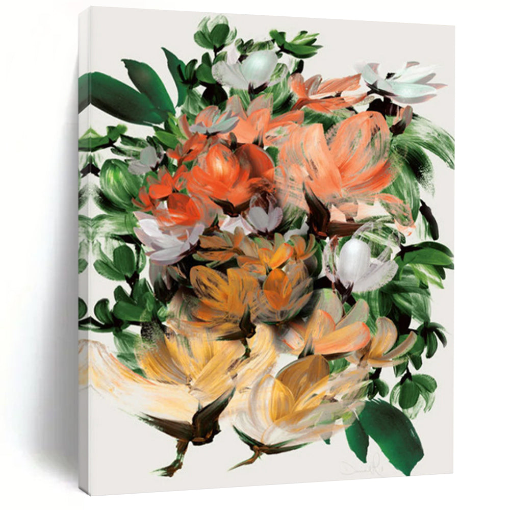 “Lush Floral Bouquet” - Orange, Green, White Abstract Painting On Canvas DTP217