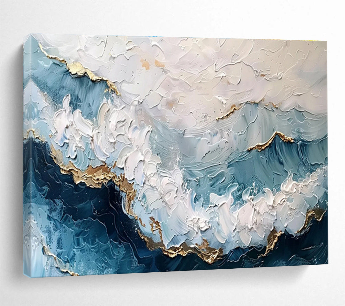 Textured Blue and Gold “Elegant Ocean Waves” Painting On Canvas DKH156