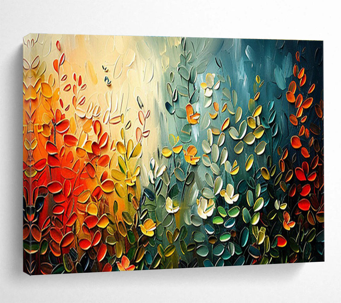 “Textured Foliage Symphony” - Multicolor, 3D - like Leaf Impasto Painting On Canvas DKH711