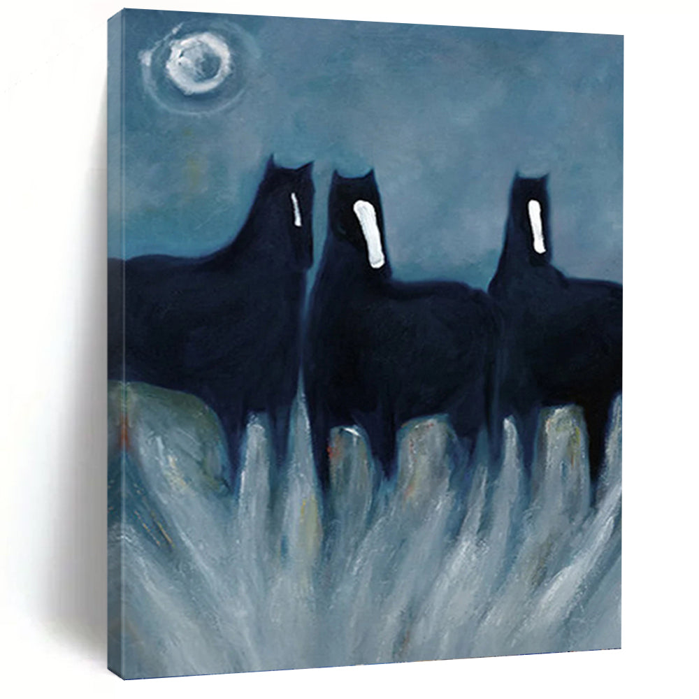 Mystical Black Horses in Tall Grass - Equine Painting On Canvas DKH1444