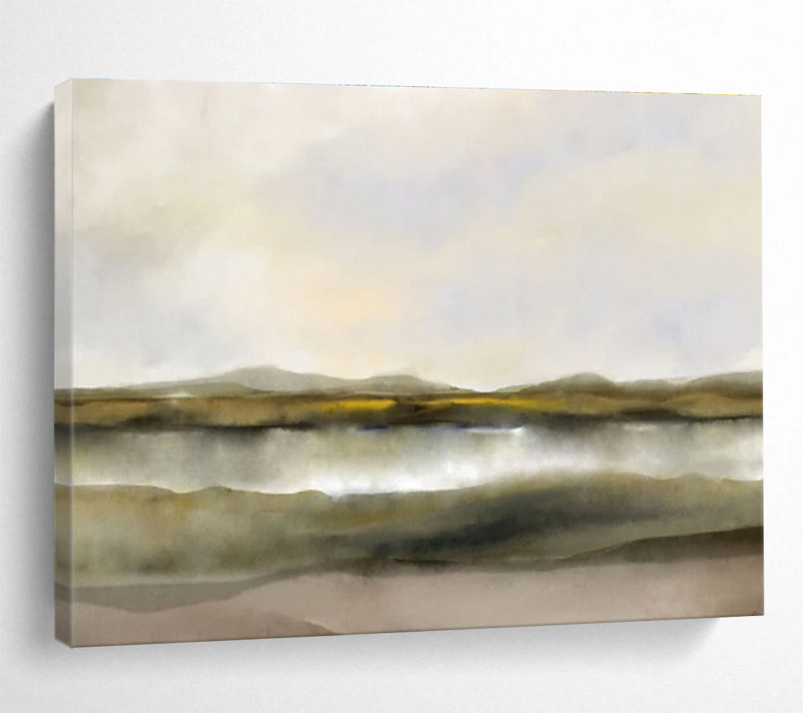 “Muted Tones: Tranquil Lake & Hills” Minimalist Landscape Painting On Canvas DKH361