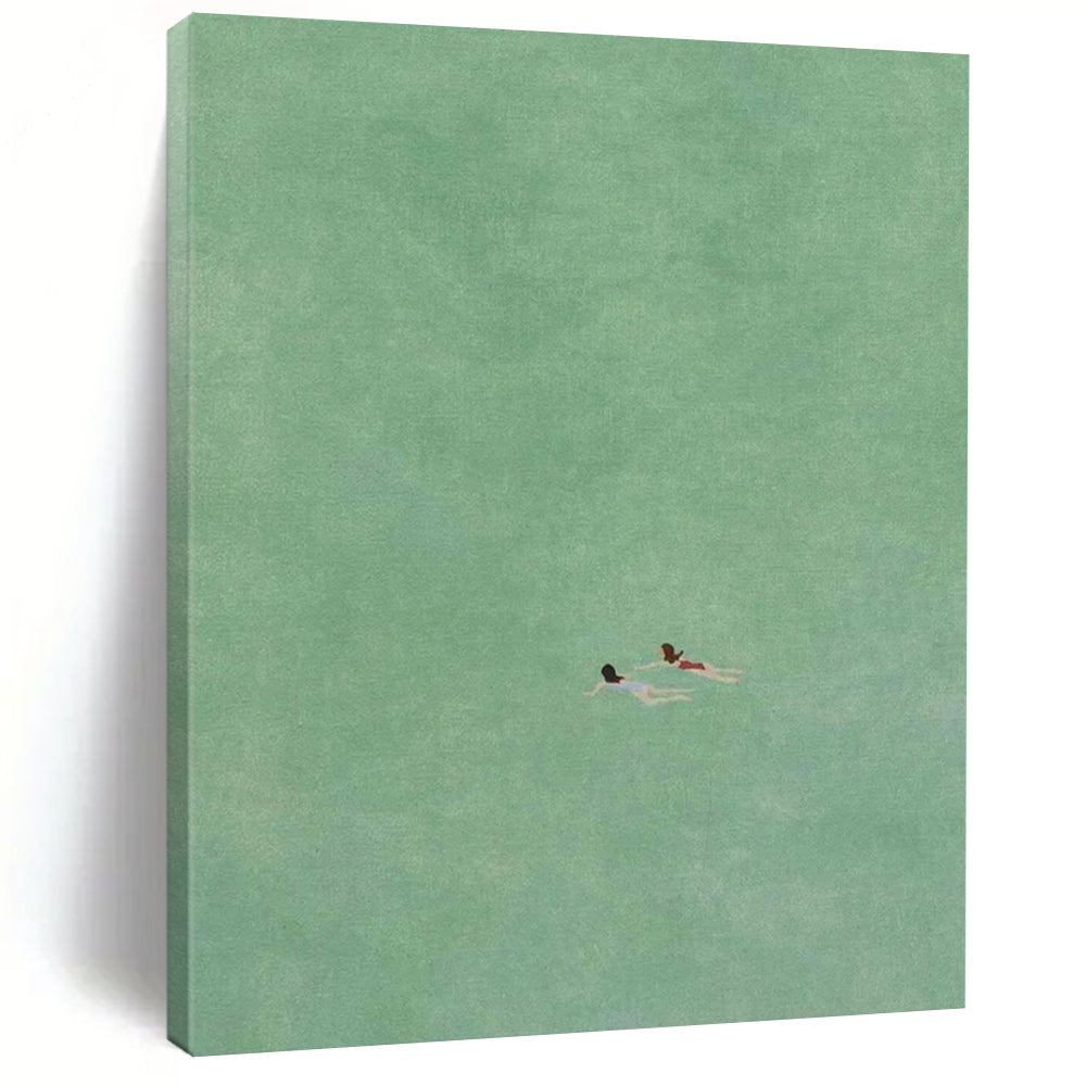 “Two Swimmers in Green” - Green, Blue, Red Minimalist Figurative Painting On Canvas DTP305