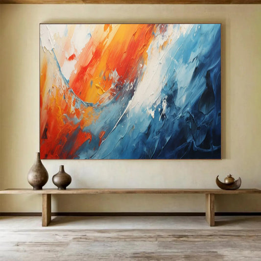 “Fiery Ocean Clash” – Oranges, reds, blues in bold, thick acrylic waves CT1704