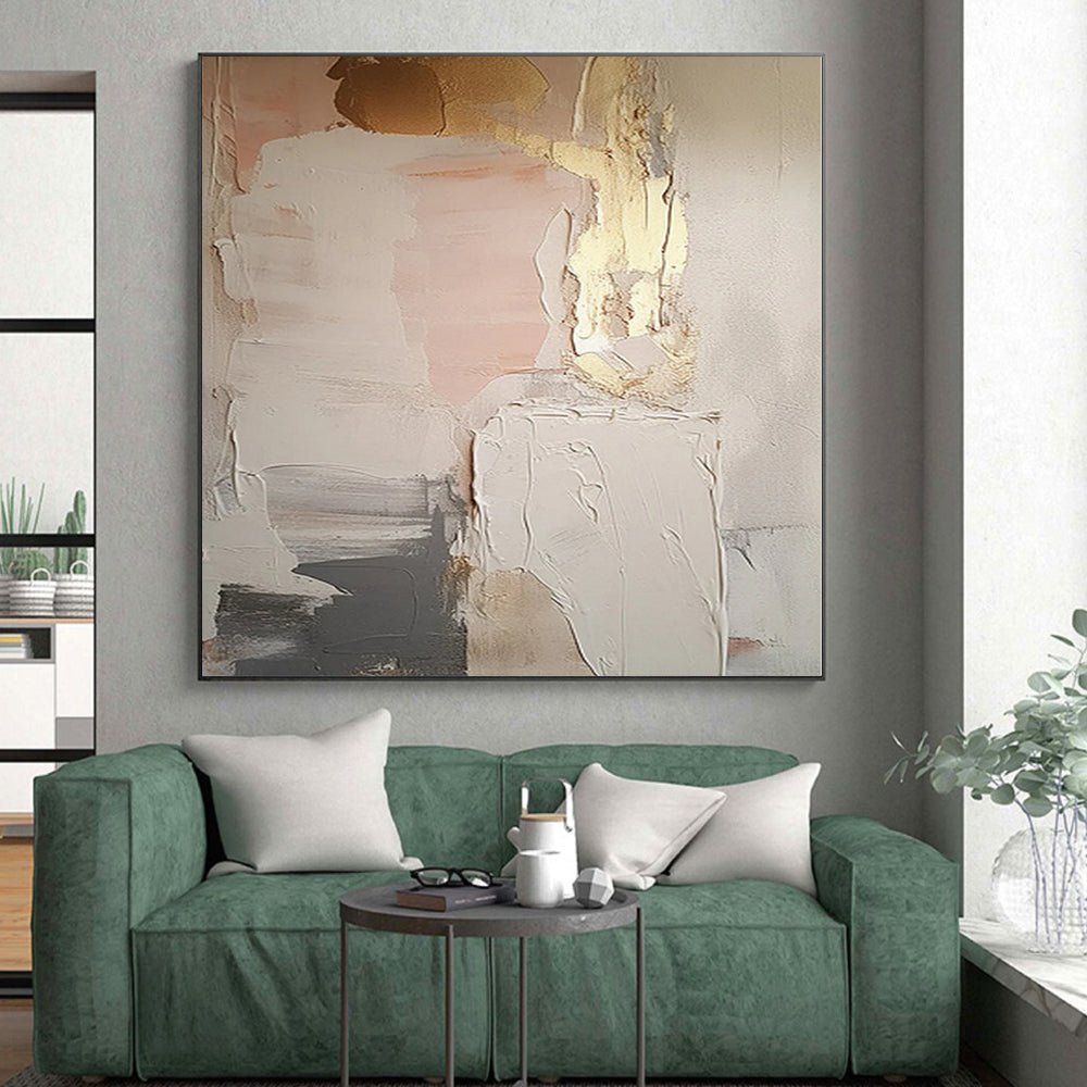 “Blush & Gold Layers” - Abstract Art with Pink, Gold, Gray, White CT0092
