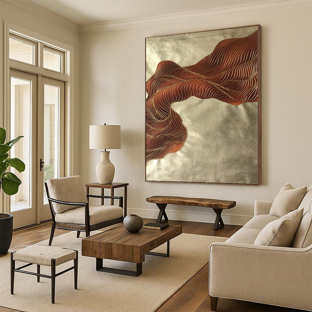 “Brown - Gold Wavy Lines”,Line - Based Abstract Painting CT0347