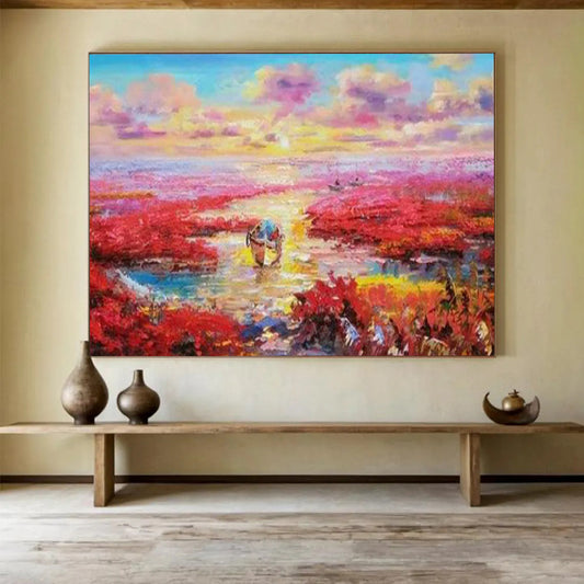 Pink Wetlands at Sunset with Boats - Romantic Oil Landscape CT1799