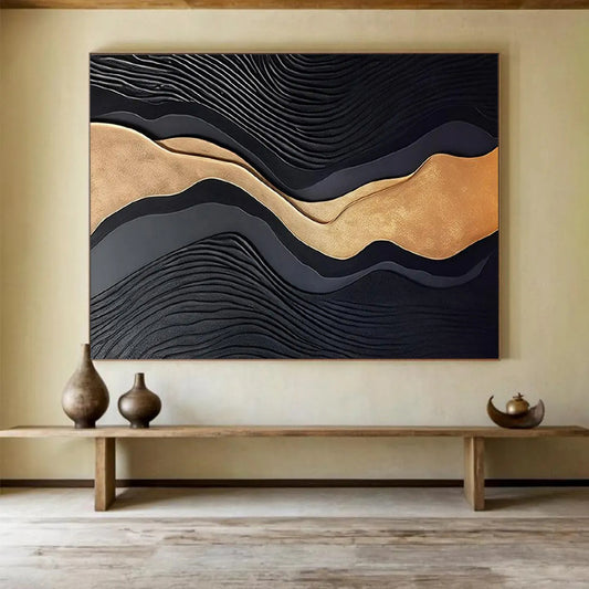 “Black & Gold Waves” - Black, gold; 3D - like wavy layers CT1576