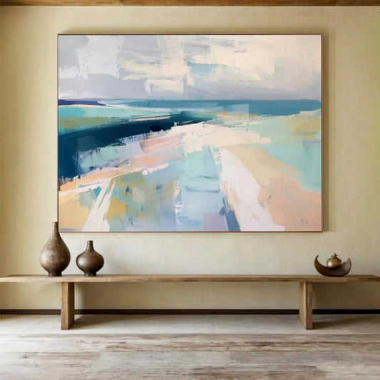 “Cool Coastal Abstract” - Shades of blue, gray, and white; abstract shapes evoking a coastal landscape CT1543