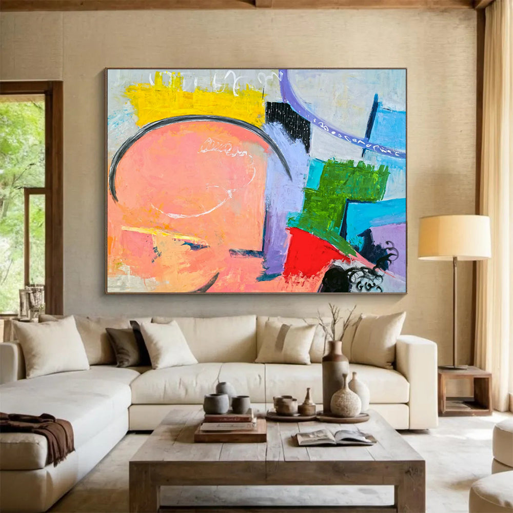 “Pink, Purple, and Colorful Shapes Collage” - Playful Abstract Oil Painting CT1810