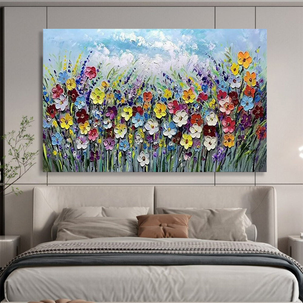 Colorful Flower Field Under Light Blue Sky - Impasto Oil Painting CT1795