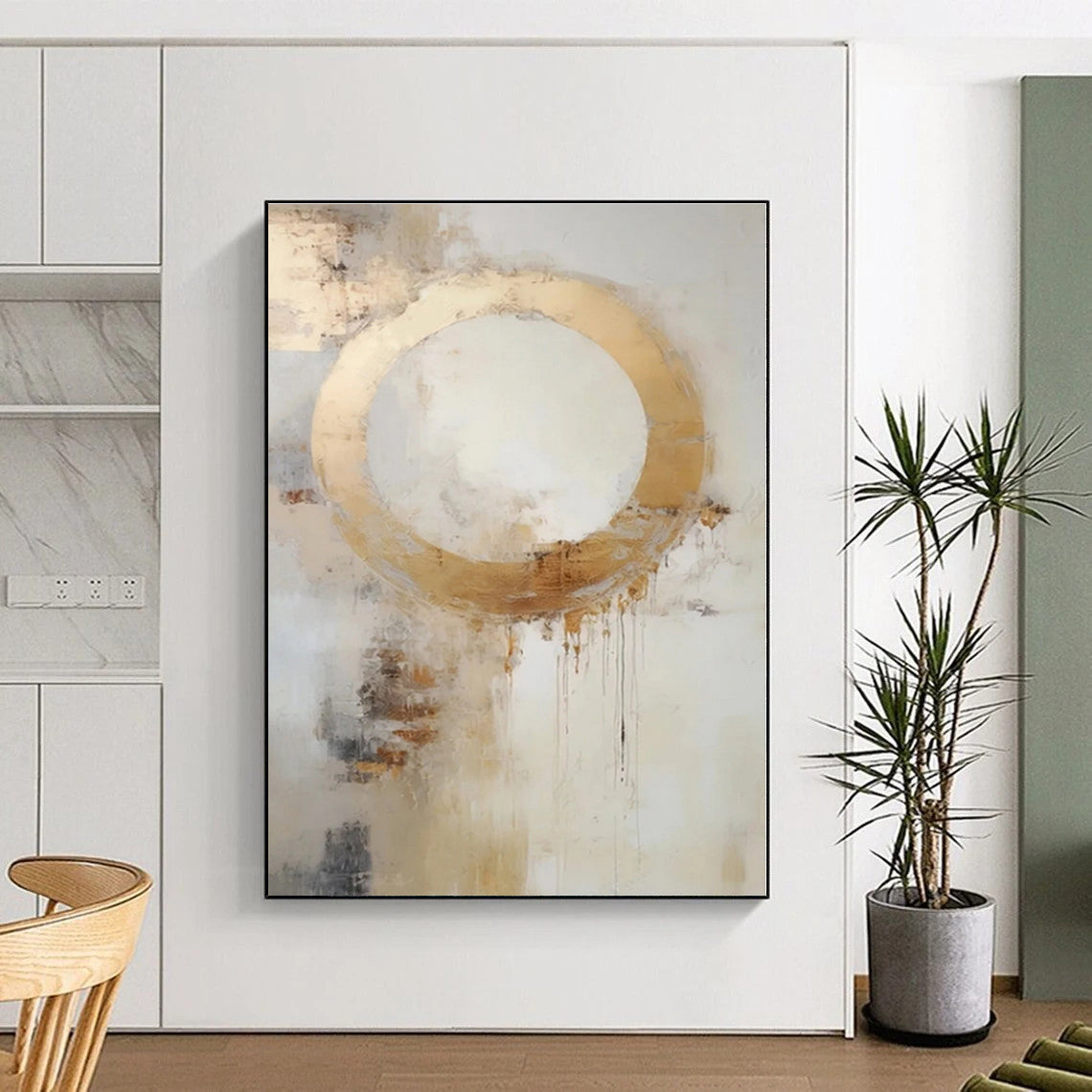 “Gold Circle with Drips”,Abstract Expressionist Mixed - Media Art CT0586