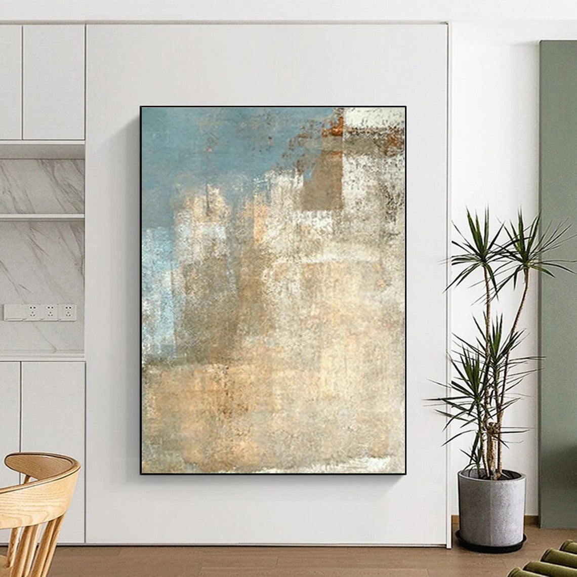 “Blue - Beige Textured Abstract”,Vintage - Inspired Abstract Oil Painting CT0568