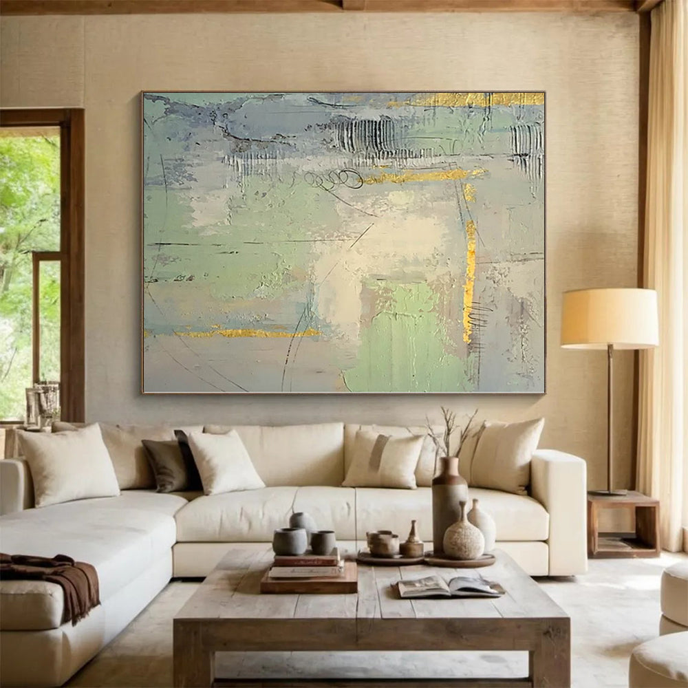 “Grey - Green Abstract with Gold Details”,Textured Abstract Painting CT0374