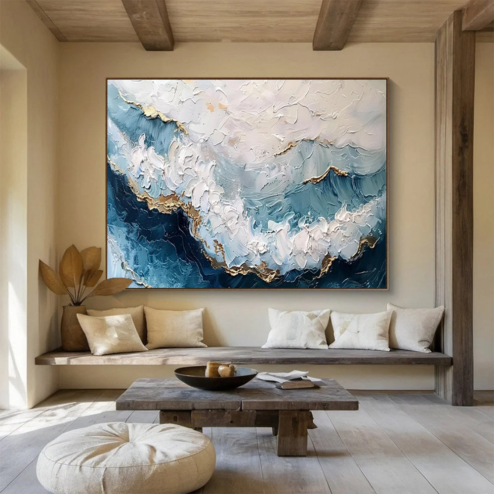 “Textured Ocean Gold” - Blues, whites, golds; thick, impasto ocean waves with metallic accents CT1604