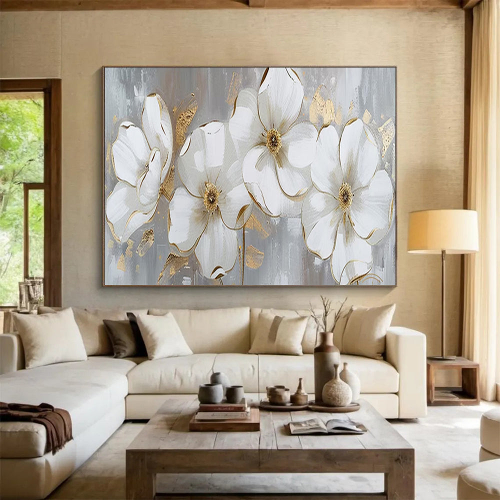 “Hand - painted White Flowers with Gold” - White flowers and gold accents on gray CT1653