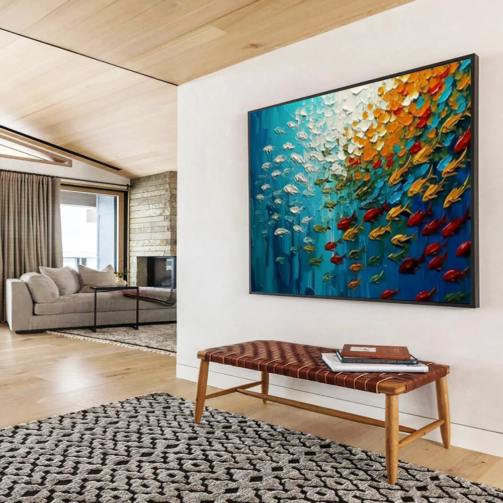 “Oceanic Symphony” – Deep blues, whites, oranges with thickly painted, swirling fish CT1689