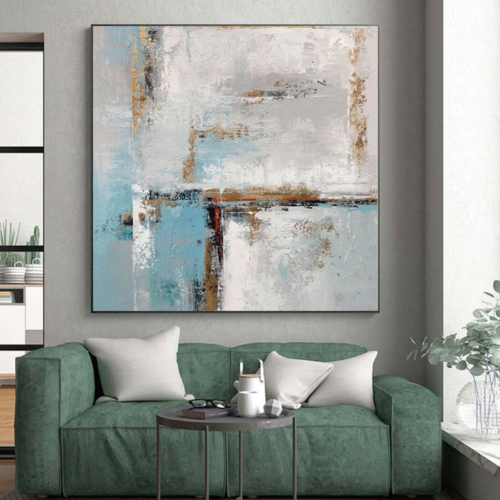 “Blue - White Abstract with Gold Edges”,Minimalist Abstract Painting CT0375