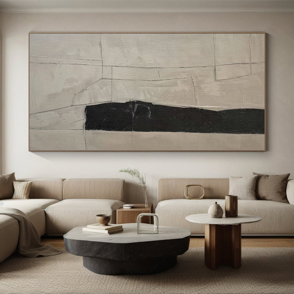 “Beige - Black Geometric Cracks” Abstract Acrylic Art CT0269