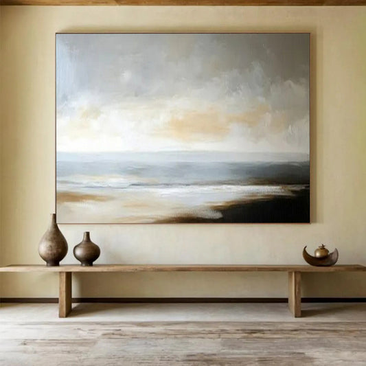 “Muted Coastal Calm” – Grays, beiges, soft blues painting a serene, minimalist seascape CT1701