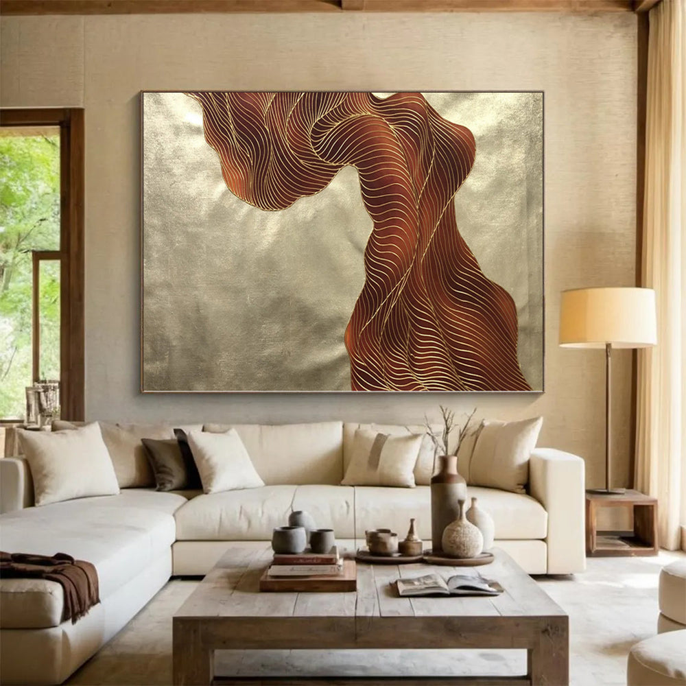 “Brown - Gold Wavy Lines”,Line - Based Abstract Painting CT0347
