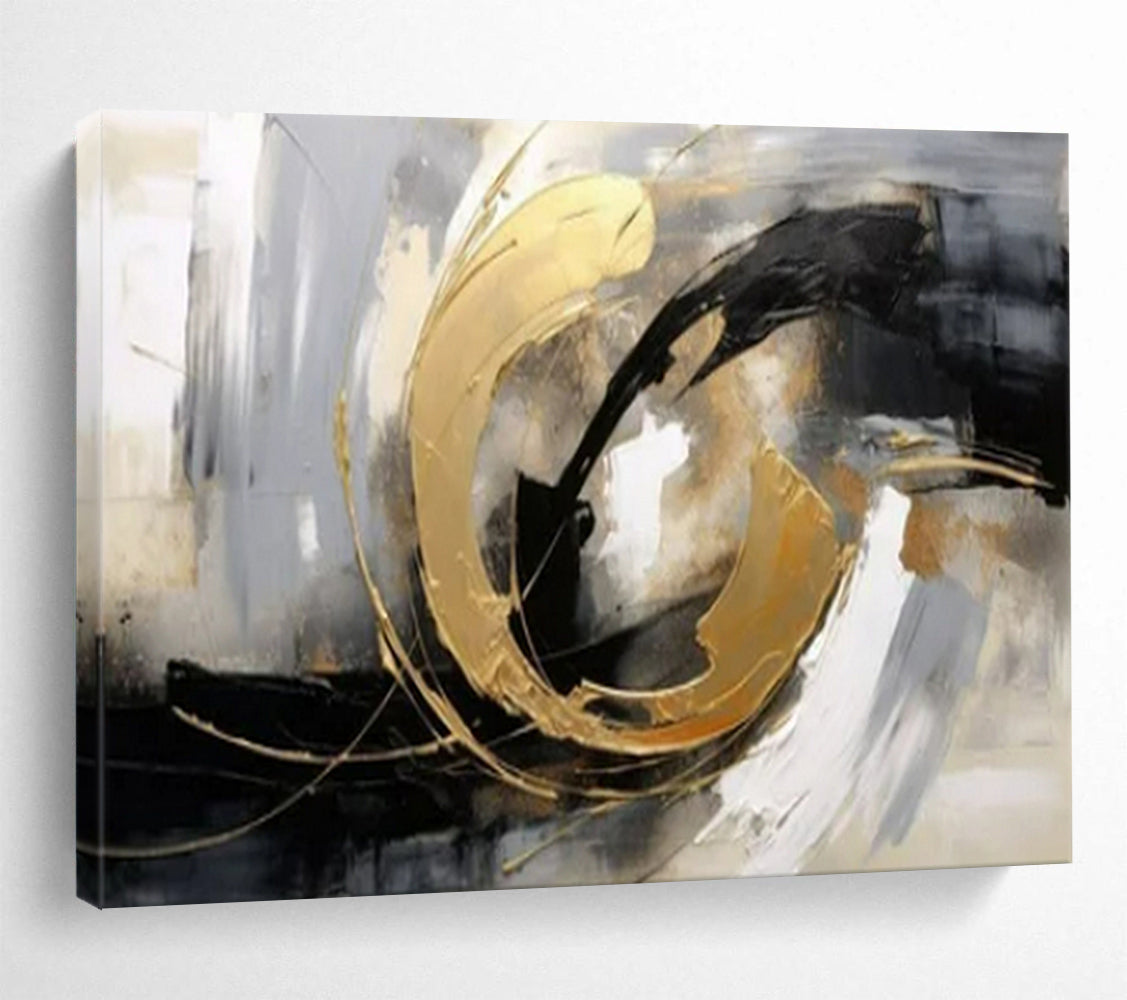 “Gold - Black Abstract Swirl” - Blacks, whites, golds; bold, textured circular abstraction CT1613