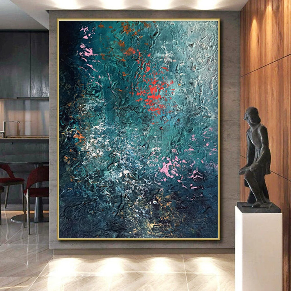 “Deep Sea Sparkle” - Abstract Painting with Teal Background, Pink and Orange Flecks CT0002