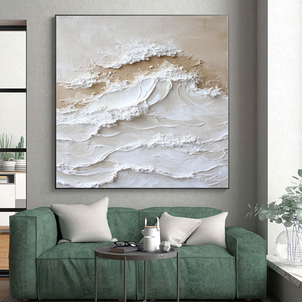 “Textured Beige - White Waves” - Abstract Coastal Art CT0444