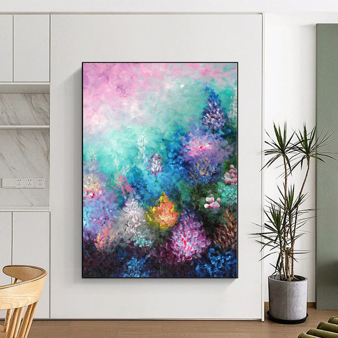 “Dreamy Flower Garden” - Abstract Art with Pink, Blue, Purple, Yellow, Green CT0065