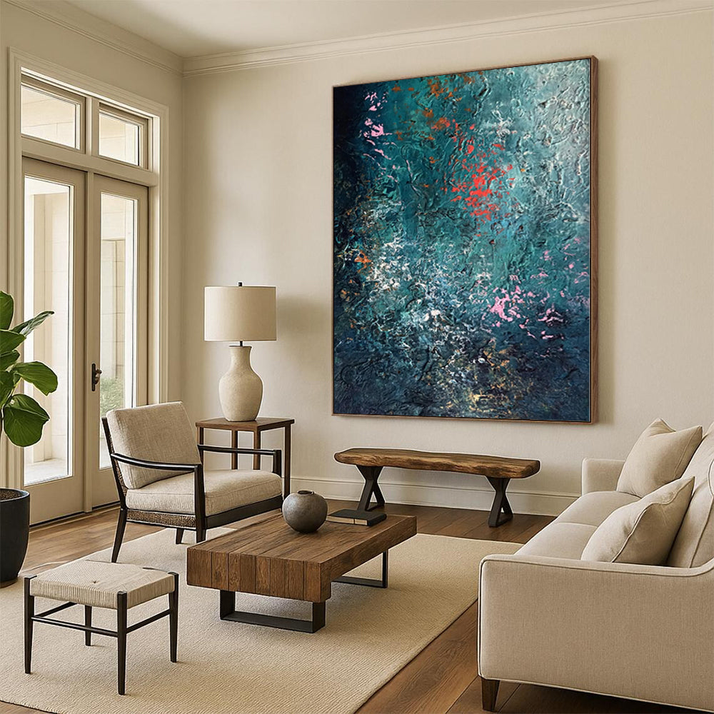 “Deep Sea Sparkle” - Abstract Painting with Teal Background, Pink and Orange Flecks CT0002
