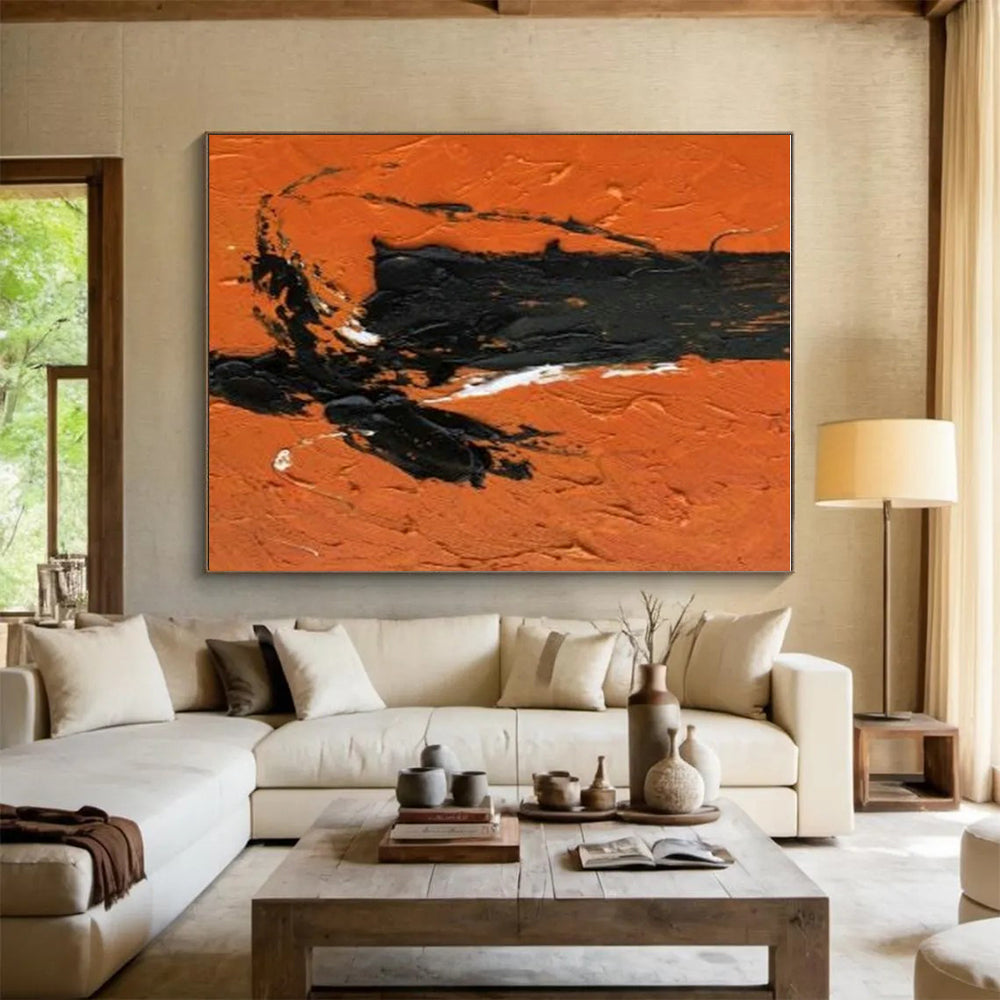“Black - White - Orange Textured Strokes”,Abstract Expressionist Art CT0604
