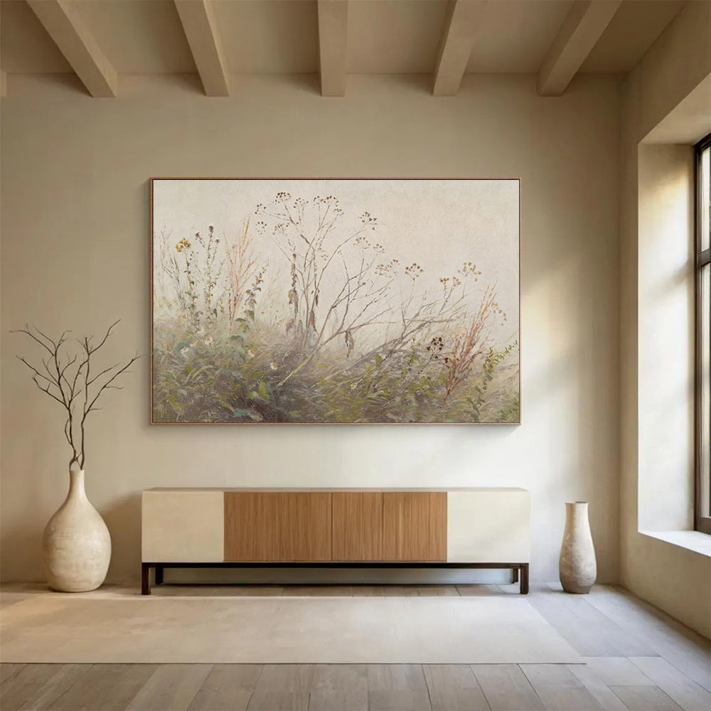 “Autumn Weeds” - Muted greens, browns, whites; delicate, faded plants in a gentle landscape CT1487