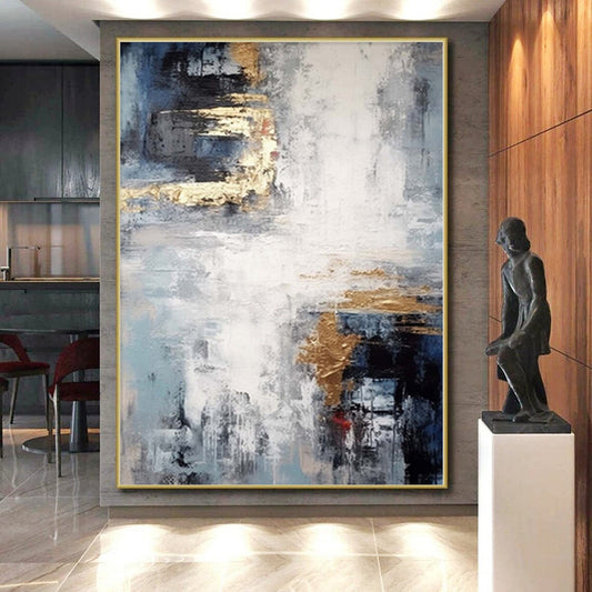 “Blue - Gray - Gold Abstract Mist” Minimalist Acrylic Art CT0237