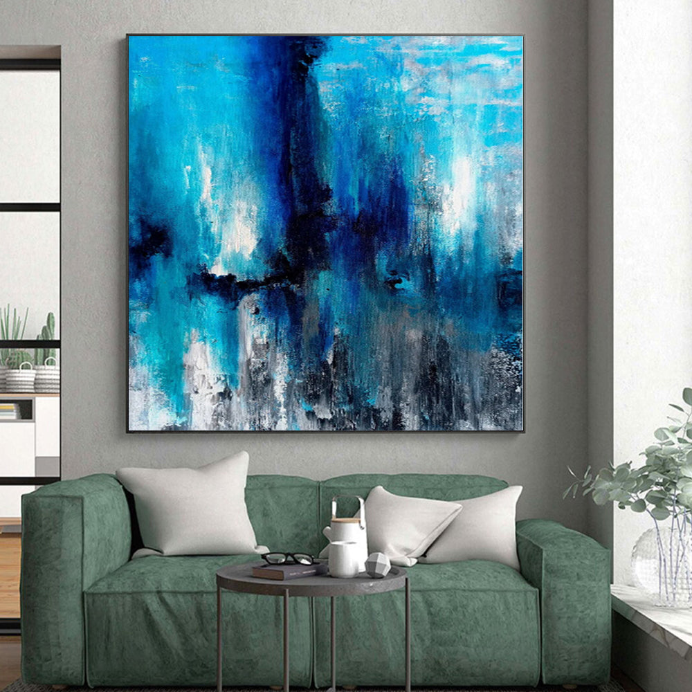 “Blue Cascade Abstraction” - Abstract Acrylic with Shades of Blue, Black, White CT0024