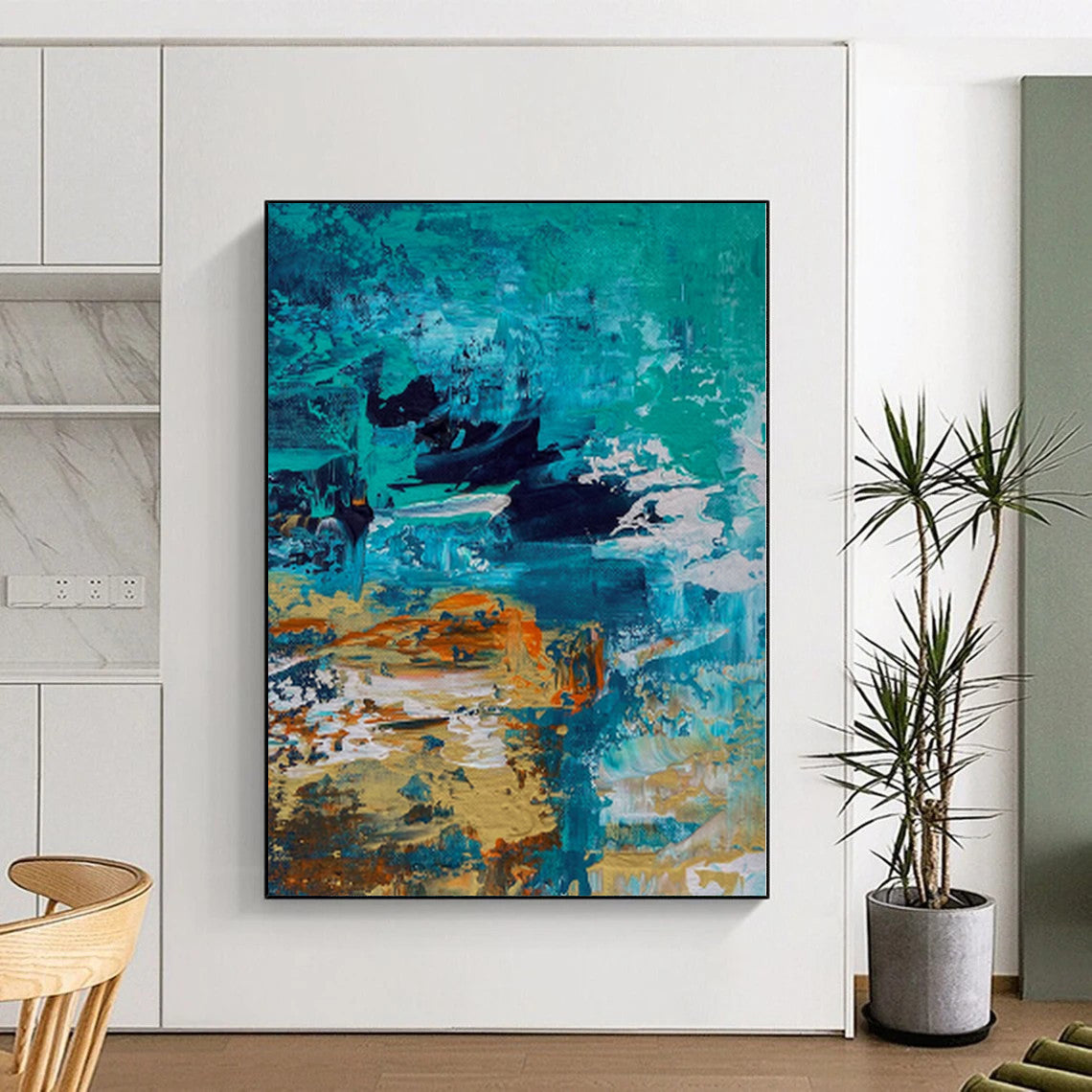 “Ocean Depths” - Abstract Painting with Teal, Blue, Black, Orange, White CT0036