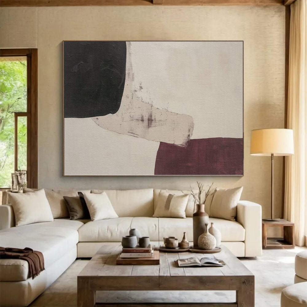 “Beige - Black - Burgundy Shapes” Abstract Acrylic Art CT0265