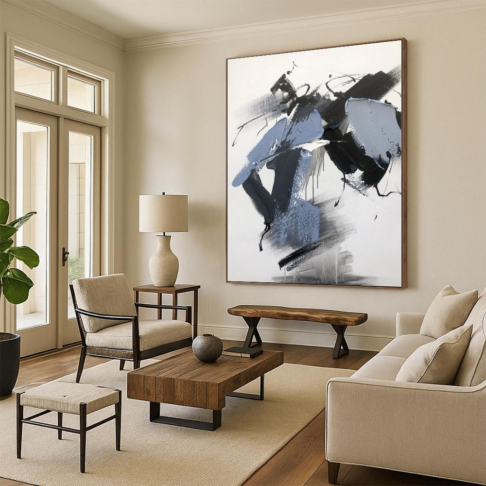 “Black - White - Blue Textured Abstraction” - Abstract Expressionist Art CT0498