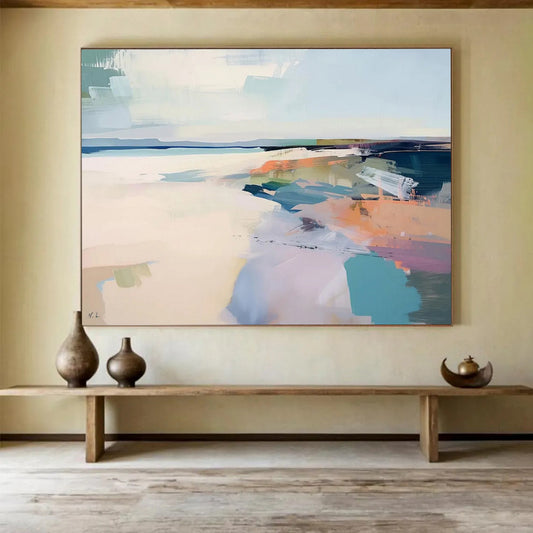 “Pastel Coastal Abstract” - Soft blues, pinks, purples, and oranges; abstract shapes suggesting a coastal scene CT1539