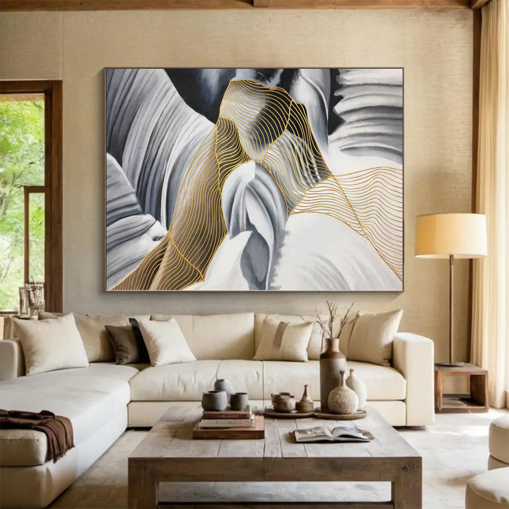 “Black - White - Gold Wavy Nets”,Mixed - Media Abstract Painting CT0351