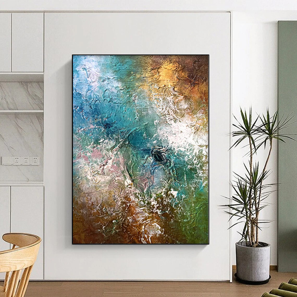“Textured Waves” - Abstract Painting with Blue, Green, Brown and White Textures CT0007