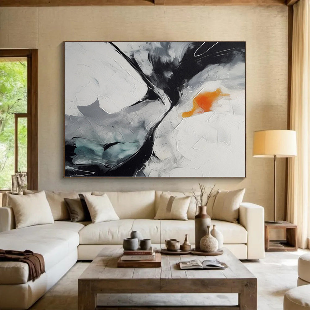 “Black - White - Orange Abstract”,Textured Abstract Acrylic Art CT0571