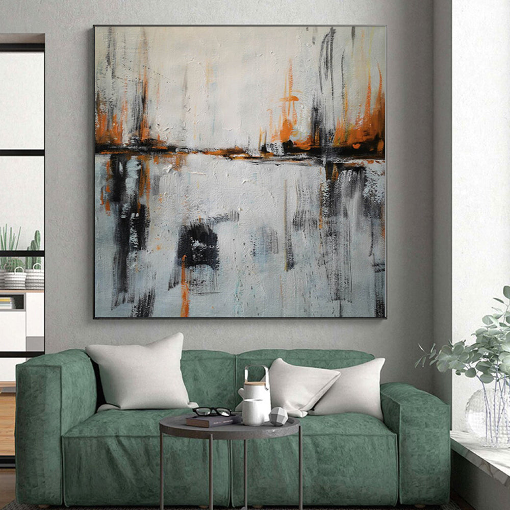 “Orange & Black Strokes on White: City Reflection” - Abstract Landscape Painting CT0384