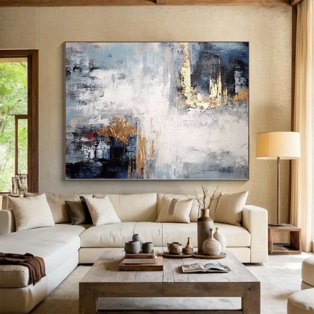 “Blue - Gray - Gold Abstract Mist” Minimalist Acrylic Art CT0237