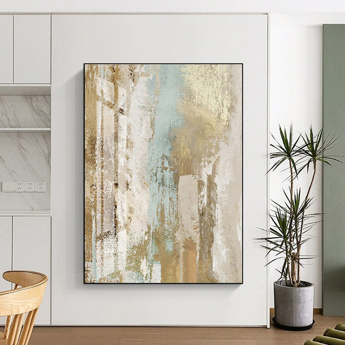 “Beige - Blue Textured Abstraction” - Abstract Expressionist Art CT0434