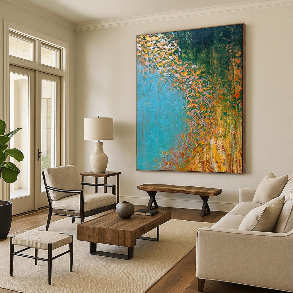 “Riverbank in Autumn” - Abstract Work with Blue, Yellow, Orange, Green CT0067